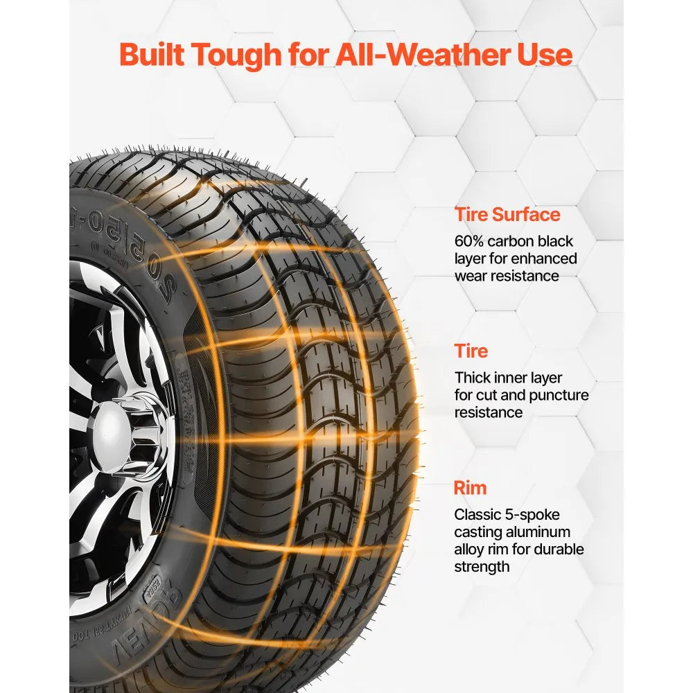VEVOR Golf Cart Wheels, 10" 205/50-10 Black Aluminum Alloy Golf Cart Tires and Wheels Combo (Set of 4) Fit Club Car, EZGO, Yamaha, 4 Ply Rubber 4-Lug Lawn Mower Tires & Rims, 675 lbs Load, All-Terrain
