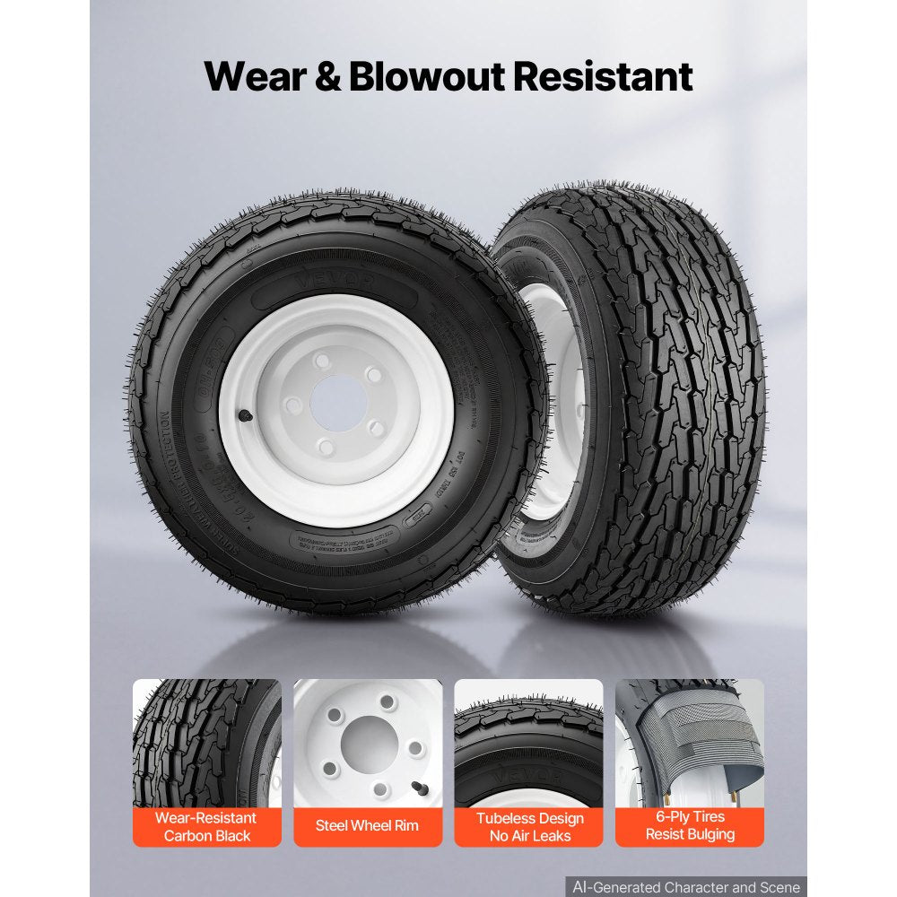 VEVOR 2-Pack Trailer Tire Rim Assembly 20.5x8-10 with 5 Lug on 4.5 in PCD, 6 Ply Load Range C Trailer Tire on 10" White Rims, 2.8 in Center Bore, Max Load 1100LBS 50PSI for Utility/Boat/Camper Trailers
