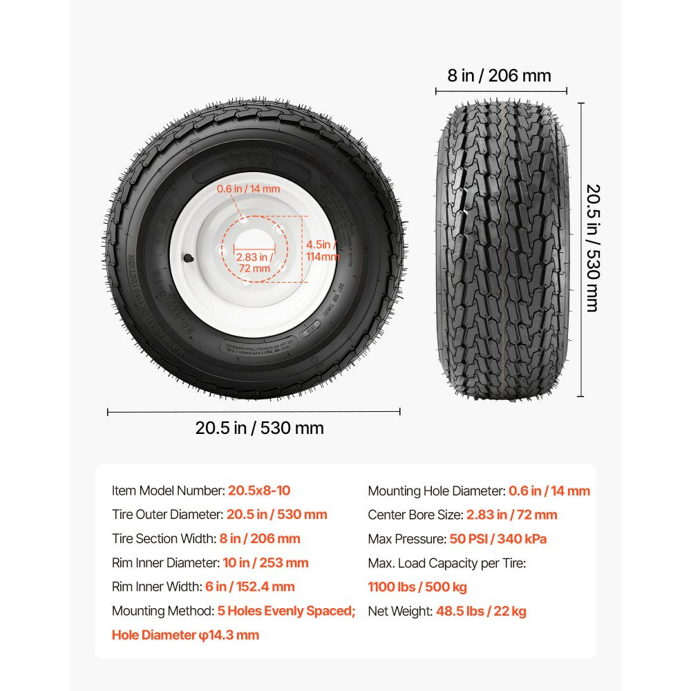 VEVOR 2-Pack Trailer Tire Rim Assembly 20.5x8-10 with 5 Lug on 4.5 in PCD, 6 Ply Load Range C Trailer Tire on 10" White Rims, 2.8 in Center Bore, Max Load 1100LBS 50PSI for Utility/Boat/Camper Trailers
