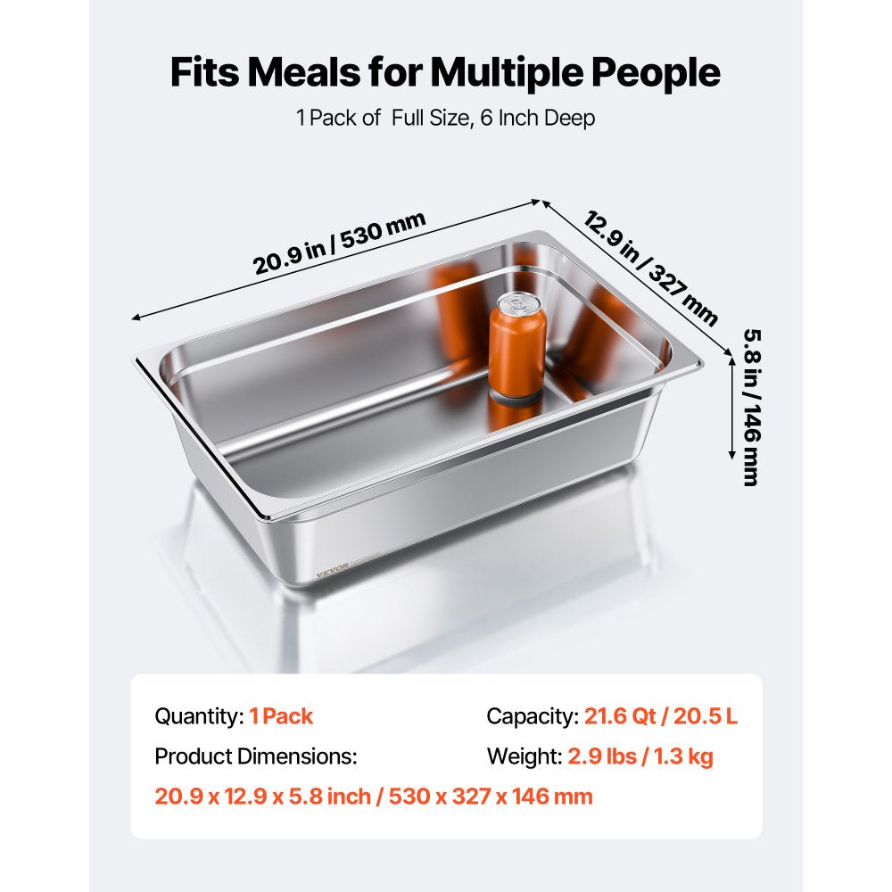 VEVOR 1 Pack Stainless Steam Hotel Pan, Full Size Table Steam Pan, 6 Inch Deep Anti Jam Restaurant Supplies Reusable Rustproof Catering Storage for Home, Party, Restaurant, Hotel, Buffet