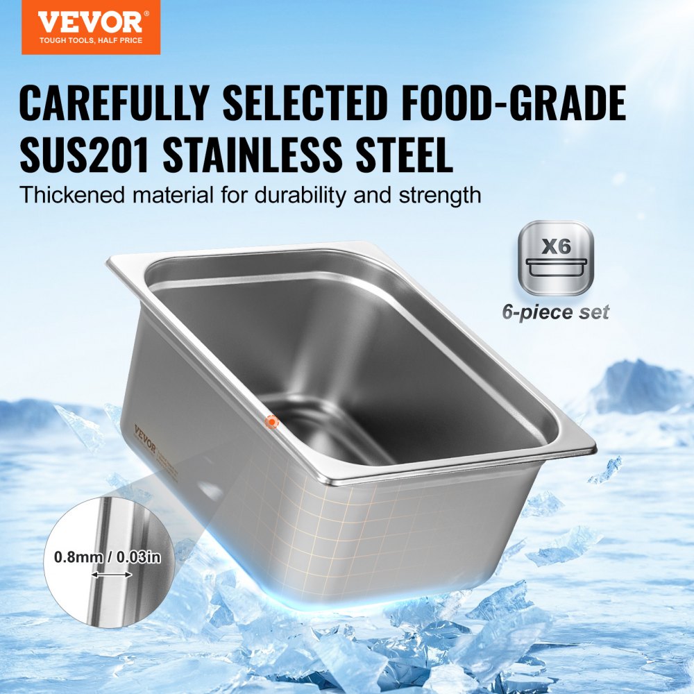 VEVOR 6 Pack Hotel Pans, 1/2 Size Anti-Jam Steam Pan, 0.8mm Thick Stainless Steel Restaurant Steam Table Pan, 6-Inch Deep Commercial Table Pan, Catering Storage Food Pan, for Industrial & Scientific
