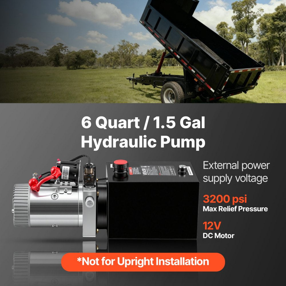 VEVOR 6 Quart Hydraulic Pump, Single Acting Dump Trailer Pump, 3200PSI Max Relief Pressure, 0.91 GPM Flow Rate, DC12V 1.6KW Hydraulic Power Unit for Dump Trailer Car Lifting (Horizontal Installation)