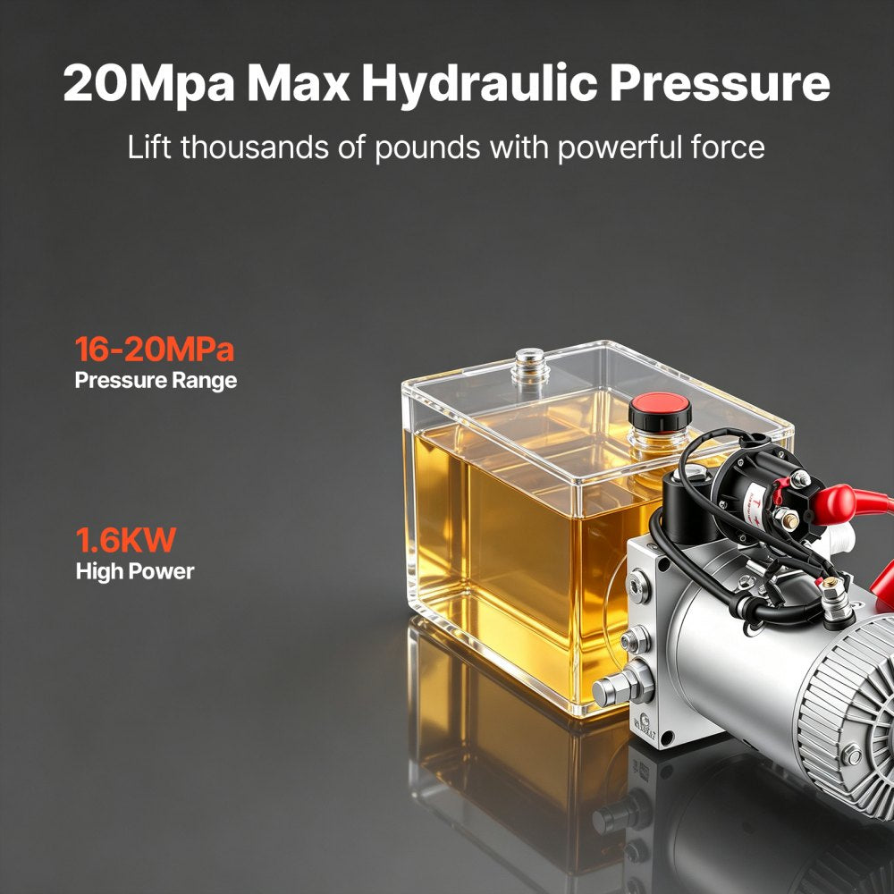 VEVOR 6 Quart Hydraulic Pump, Single Acting Dump Trailer Pump, 3200PSI Max Relief Pressure, 0.91 GPM Flow Rate, DC12V 1.6KW Hydraulic Power Unit for Dump Trailer Car Lifting (Horizontal Installation)