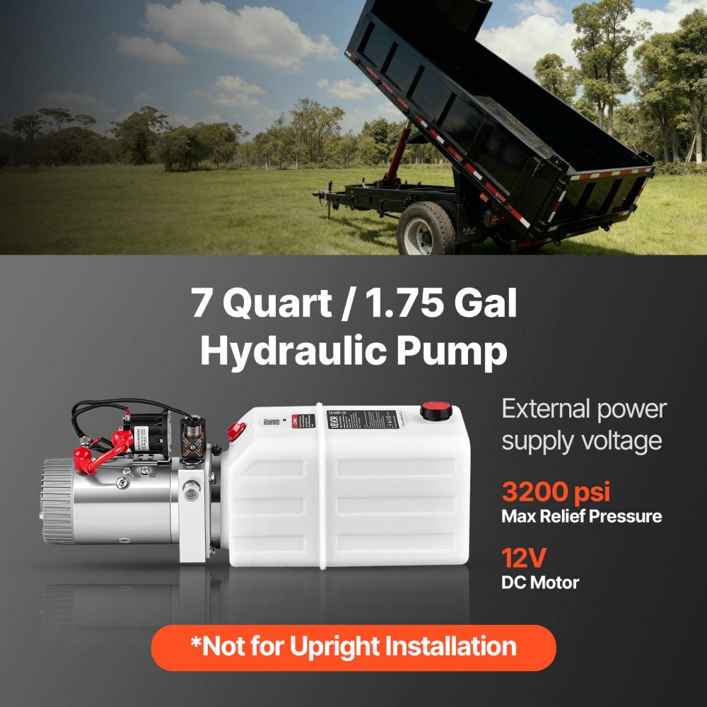 VEVOR 7 Quart Hydraulic Pump, Single Acting Dump Trailer Pump, 3200PSI Max Relief Pressure, 0.91 GPM Flow Rate, DC 12V 1.6KW Hydraulic Power Unit for Dump Trailer Car Lifting (Horizontal Installation)