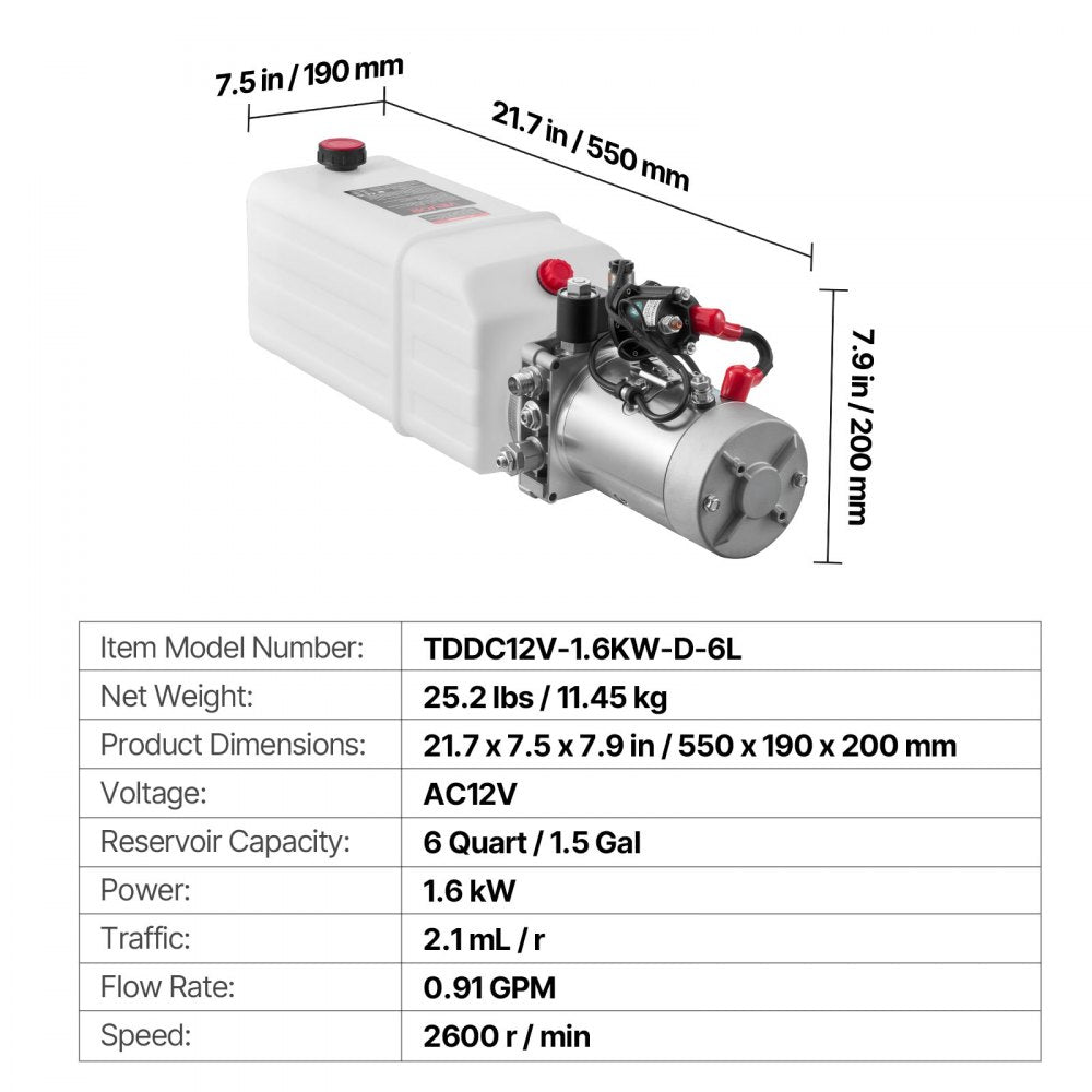 VEVOR 6 Quart Hydraulic Power Unit, Single Acting Dump Trailer Pump, 3200 PSI Max Relief Pressure & 0.91 GPM Flow Rate, DC 12V Hydraulic Pump with Metal Reservoir for Dump Trailer Car Lifting, White