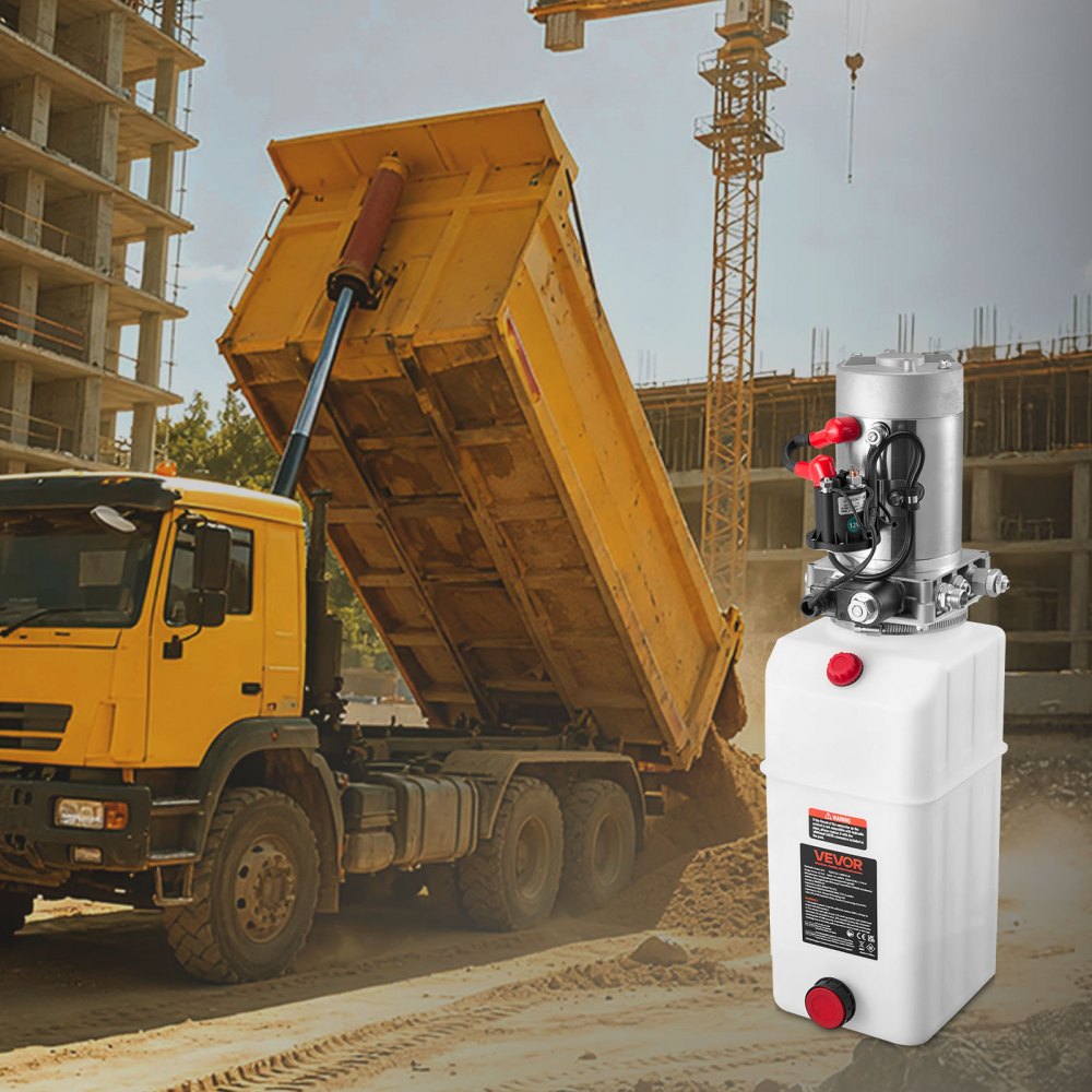 VEVOR 6 Quart Hydraulic Power Unit, Single Acting Dump Trailer Pump, 3200 PSI Max Relief Pressure & 0.91 GPM Flow Rate, DC 12V Hydraulic Pump with Metal Reservoir for Dump Trailer Car Lifting, White