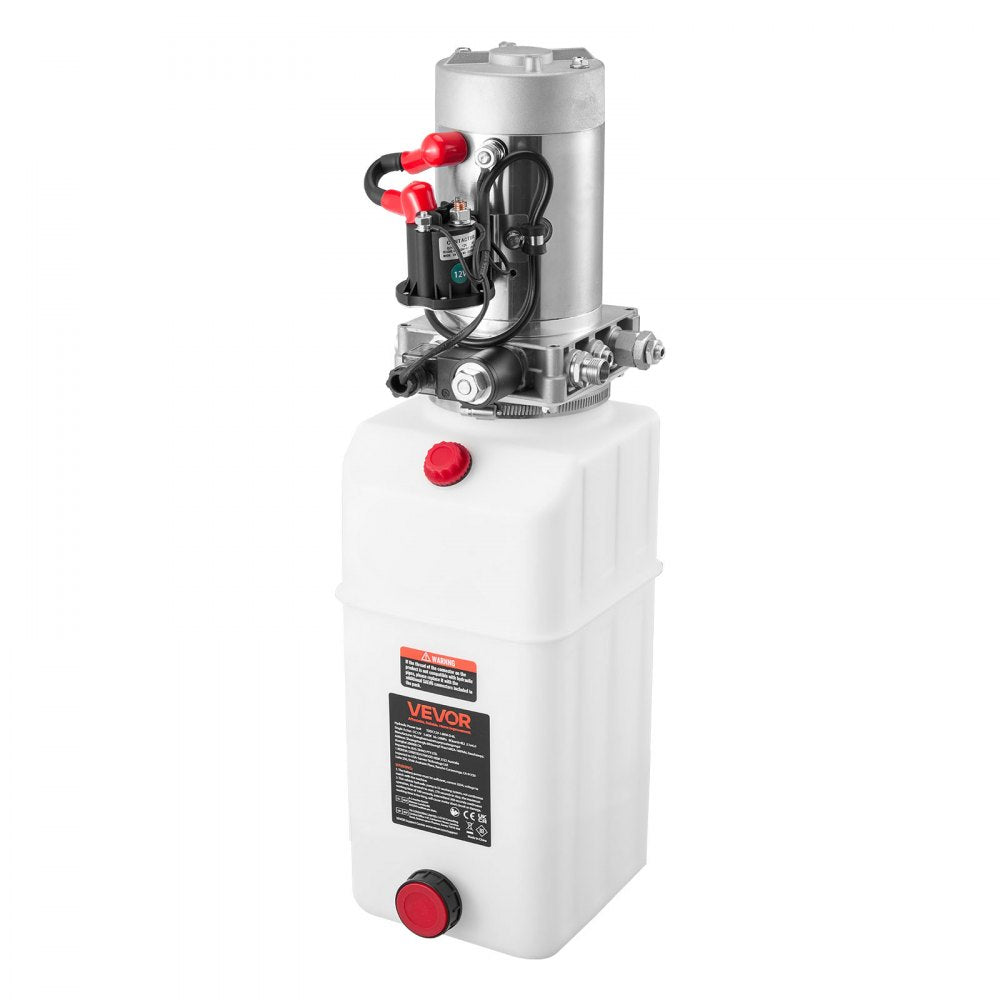 VEVOR 6 Quart Hydraulic Power Unit, Single Acting Dump Trailer Pump, 3200 PSI Max Relief Pressure & 0.91 GPM Flow Rate, DC 12V Hydraulic Pump with Metal Reservoir for Dump Trailer Car Lifting, White