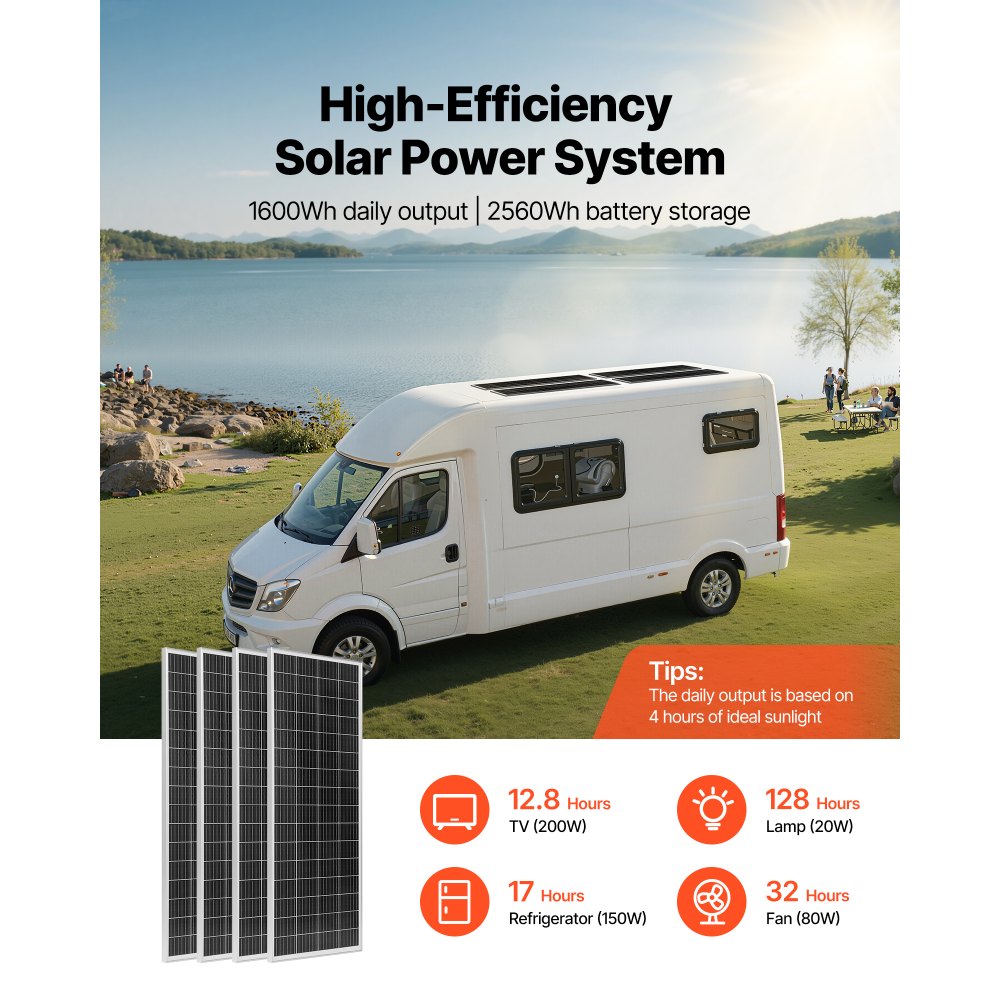 VEVOR 400W 12V Complete Solar Power Kit, 4PCS 100W Monocrystalline Solar Panels + 12.8V 200Ah LiFePO₄ Battery + 40A MPPT Charge Controller + 2000W Power Inverter for RV Home Camping Boats Off-Grid