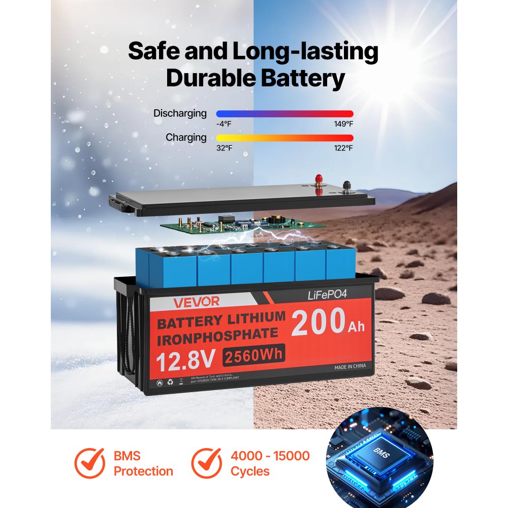 VEVOR 400W 12V Complete Solar Power Kit, 4PCS 100W Monocrystalline Solar Panels + 12.8V 200Ah LiFePO₄ Battery + 40A MPPT Charge Controller + 2000W Power Inverter for RV Home Camping Boats Off-Grid