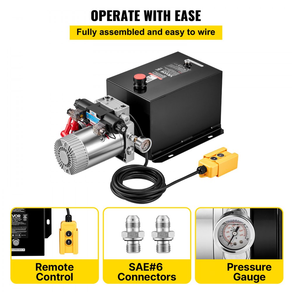 VEVOR 12 Quart Hydraulic Pump, DC12V 1.6KW Double Acting Dump Trailer Pump, 3200 PSI Max Relief Pressure, 0.91 GPM Flow Rate, with Pressure Gauge for Dump Trailer Car Lifting (Horizontal Installation)