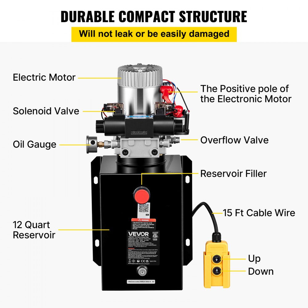 VEVOR 12 Quart Hydraulic Pump, DC12V 1.6KW Double Acting Dump Trailer Pump, 3200 PSI Max Relief Pressure, 0.91 GPM Flow Rate, with Pressure Gauge for Dump Trailer Car Lifting (Horizontal Installation)