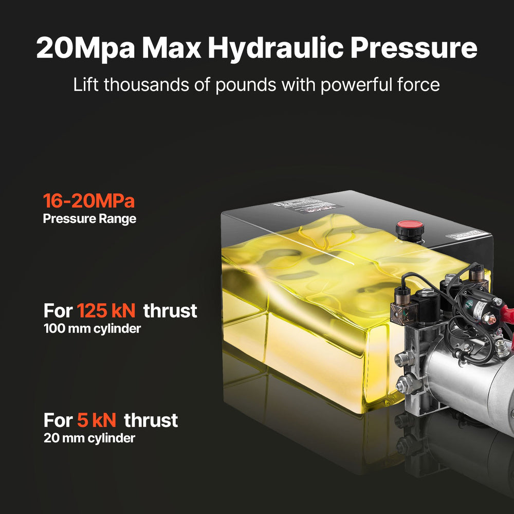 VEVOR 20 Quart Hydraulic Power Unit, Double Acting Dump Trailer Pump, 3200 PSI Max Relief Pressure & 0.91 GPM Flow Rate, DC 12V Hydraulic Pump with Metal Reservoir for Dump Trailer Car Lifting
