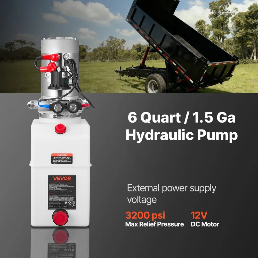 VEVOR 6 Quart Hydraulic Power Unit, Double Acting Dump Trailer Pump, 3200 PSI Max Relief Pressure & 0.91 GPM Flow Rate, DC 12V Hydraulic Pump with Metal Reservoir for Dump Trailer Car Lifting, White