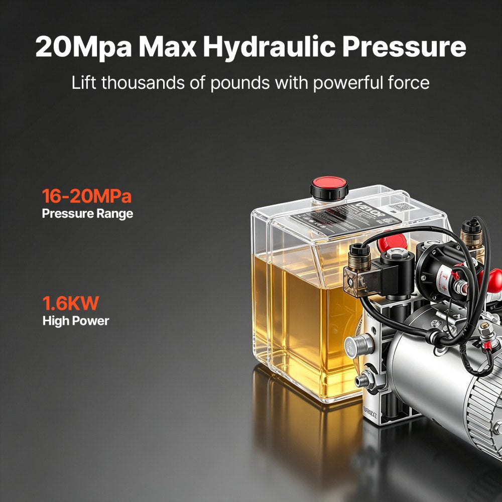 VEVOR 4 Quart Hydraulic Pump, Double Acting Dump Trailer Pump, 3200PSI Max Relief Pressure & 0.91 GPM Flow Rate, DC12V 1.6KW Hydraulic Power Unit for Dump Trailer Car Lifting (Horizontal Installation)
