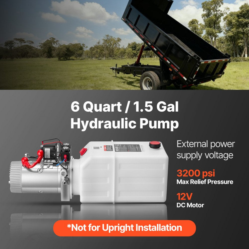 VEVOR 6 Quart Hydraulic Pump, Double Acting Hydraulic Trailer Pump, 3200PSI Max Relief Pressure, 0.91GPM Flow Rate, DC12V 1.6KW Power Unit for Dump Trailer Car Lifting (Horizontal Installation)