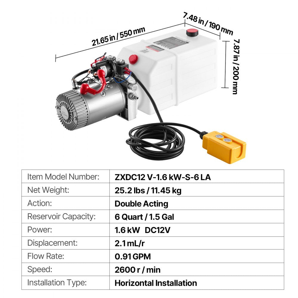 VEVOR 6 Quart Hydraulic Pump, Double Acting Hydraulic Trailer Pump, 3200PSI Max Relief Pressure, 0.91GPM Flow Rate, DC12V 1.6KW Power Unit for Dump Trailer Car Lifting (Horizontal Installation)