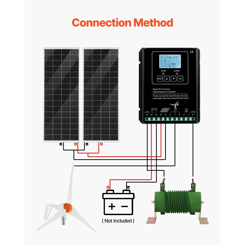 VEVOR 12V 400W Solar Wind Power Kit, 2PCS 100W Monocrystalline Solar Panels + 200W Wind Turbine + MPPT Wind/Solar Hybrid System Controller for Home RV Boat Camping Off-Grid Applications