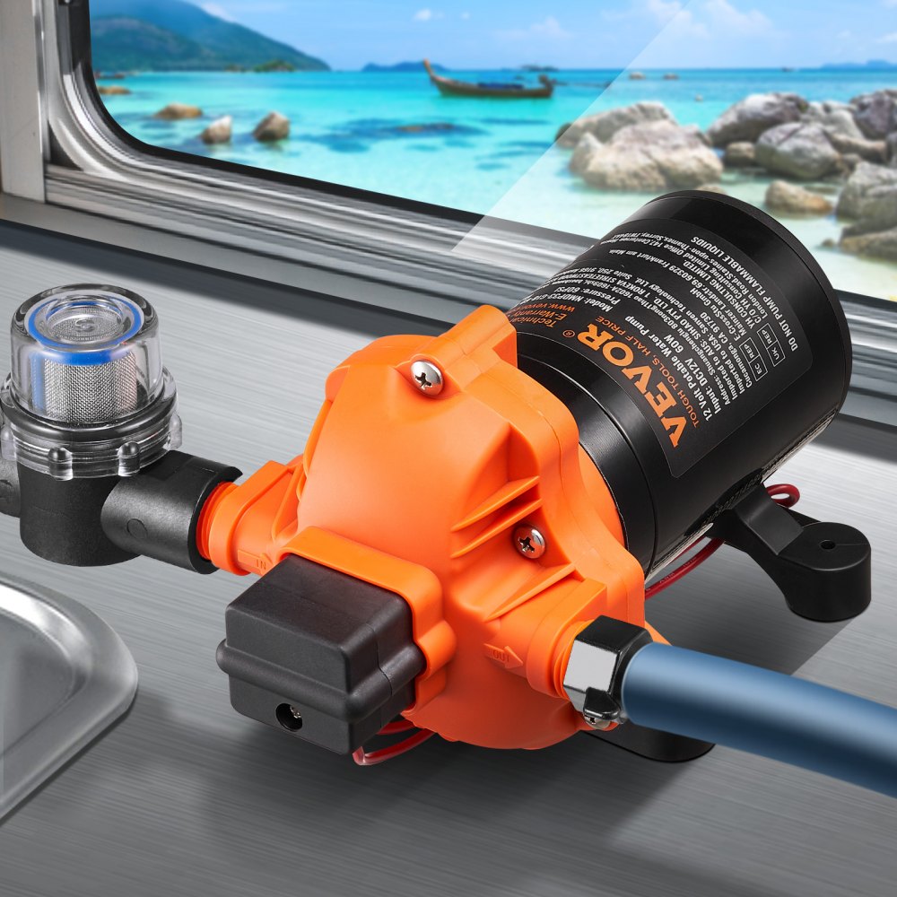 VEVOR 12V Diaphragm Pump, 1.8 GPM (6.81 L/min), 3-Chamber 12 Volt DC Water Pump with Automatic Pressure Switch 40-100 PSI Adjustable, 60 PSI, 1/2'' MNPT Port, for RV Yacht Food Truck Camper Marine