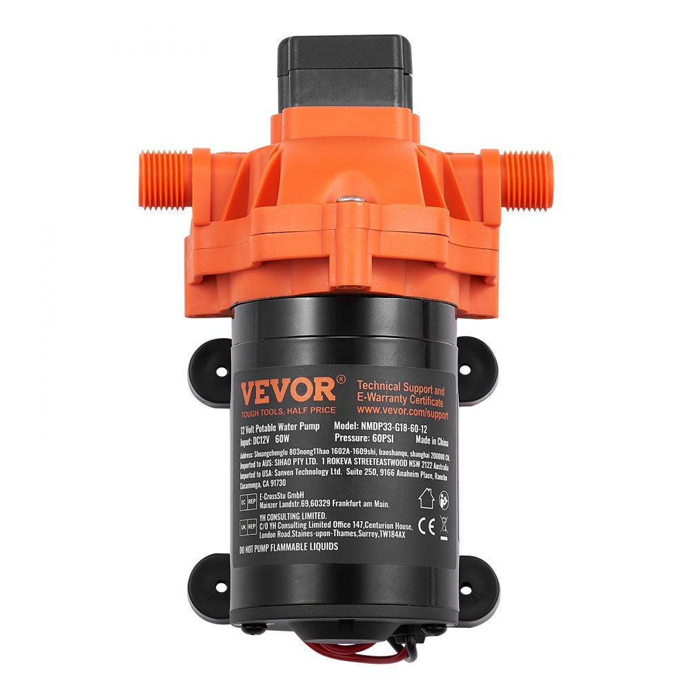 VEVOR 12V Diaphragm Pump, 1.8 GPM (6.81 L/min), 3-Chamber 12 Volt DC Water Pump with Automatic Pressure Switch 40-100 PSI Adjustable, 60 PSI, 1/2'' MNPT Port, for RV Yacht Food Truck Camper Marine