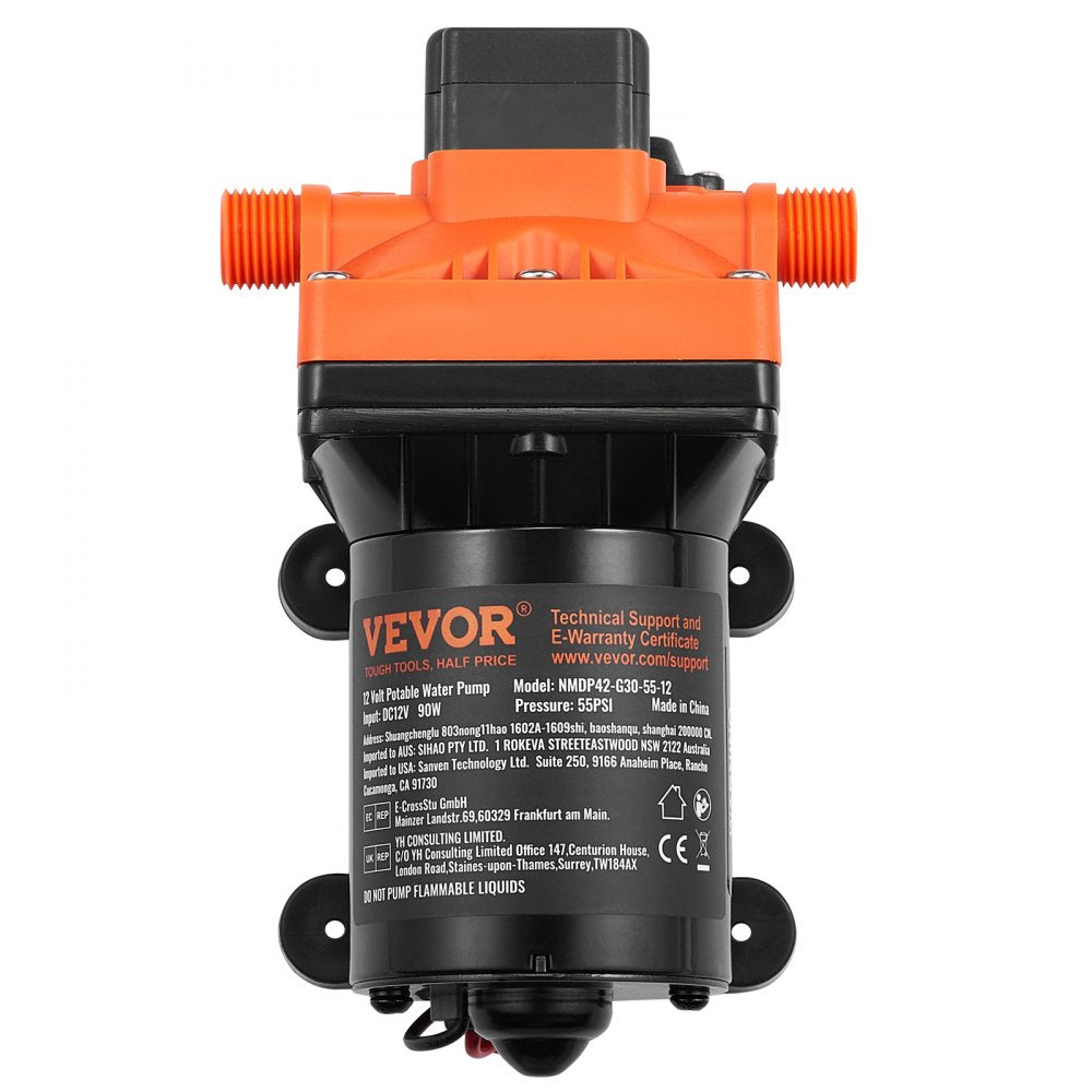 VEVOR 12V Diaphragm Pump, 3 GPM (11.36 L/min), 4-Chamber 12 Volt DC Water Pump with Automatic Pressure Switch 40-100 PSI Adjustable, 55 PSI, 1/2'' MNPT Port, for RV Yacht Food Truck Camper Marine