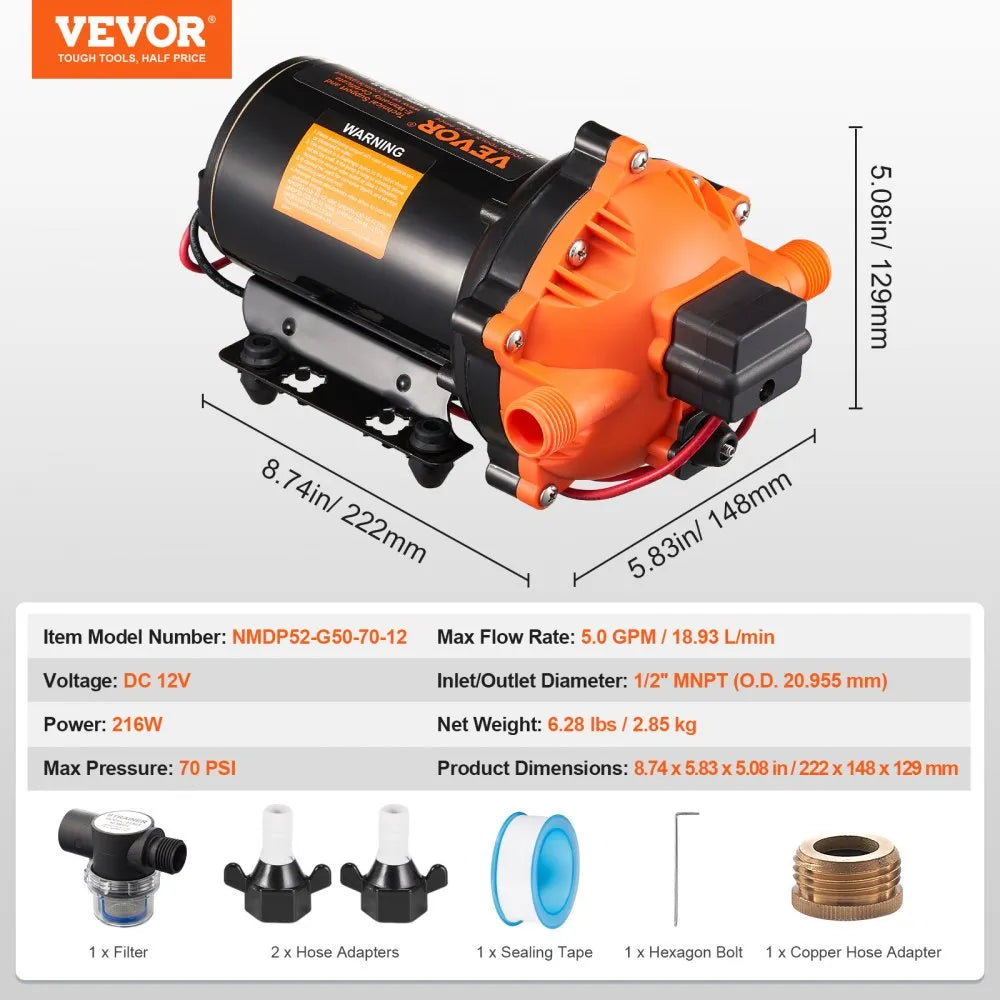 VEVOR 12V Diaphragm Pump, 5 GPM (18.93 L/min), 5-Chamber 12V DC Water Pump with Automatic Pressure Switch 40-100 PSI Adjustable, 1/2'' MNPT Port, for Agricultural Irrigation Construction Site Drainage