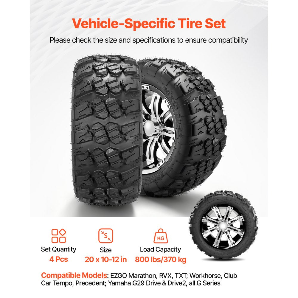 VEVOR Golf Cart Wheels, 12" 20x10-12 Black Aluminum Alloy Golf Cart Tires and Wheels Combo (Set of 4) Fit Club Car, EZGO, Yamaha, 4 Ply Rubber 4-Lug Lawn Mower Tires & Rims, 800 lbs Load, All-Terrain