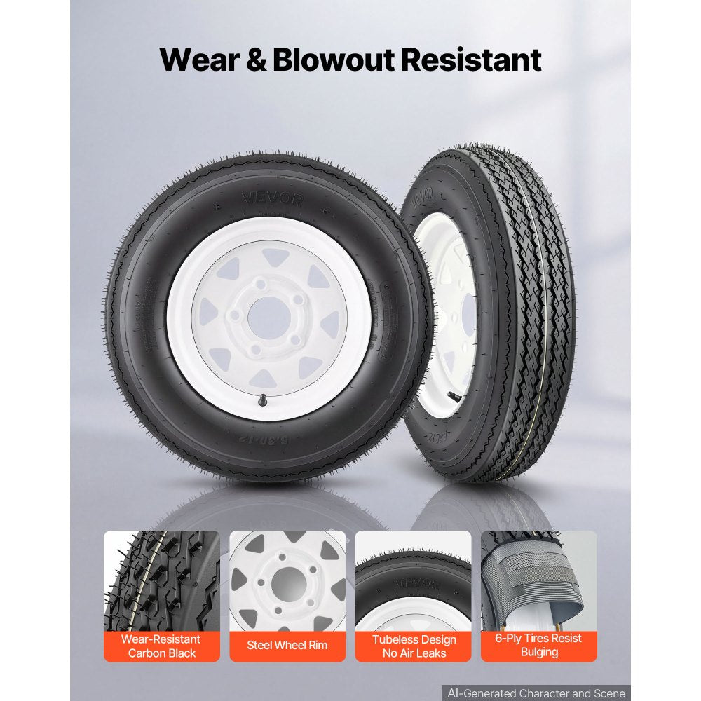 VEVOR 2-Pack Trailer Tire Rim Assembly 5.30-12 with 5 Lug on 4.5 in PCD, 6 Ply Load Range C Trailer Tire on 12" White Rims, 2.8 in Center Bore, Max Load 1050LBS 80PSI for Utility/Boat/Camper Trailers