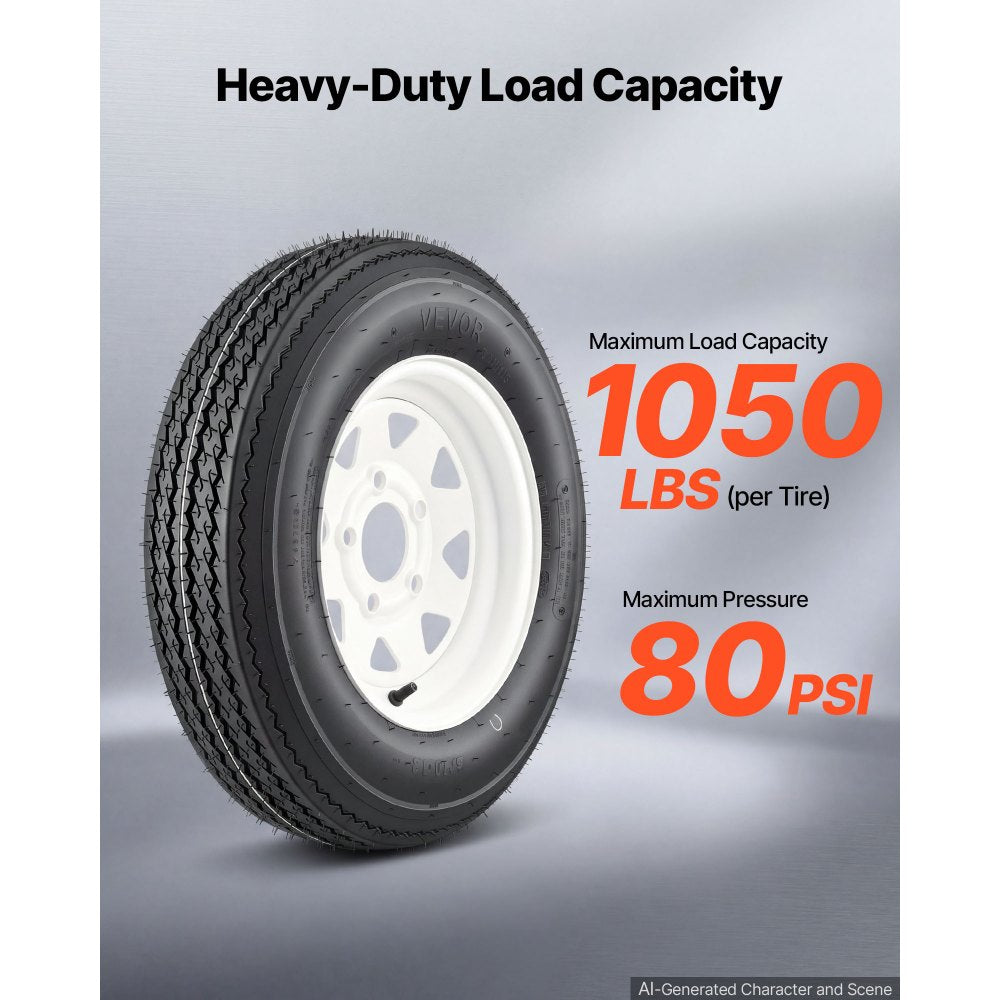 VEVOR 2-Pack Trailer Tire Rim Assembly 5.30-12 with 5 Lug on 4.5 in PCD, 6 Ply Load Range C Trailer Tire on 12" White Rims, 2.8 in Center Bore, Max Load 1050LBS 80PSI for Utility/Boat/Camper Trailers