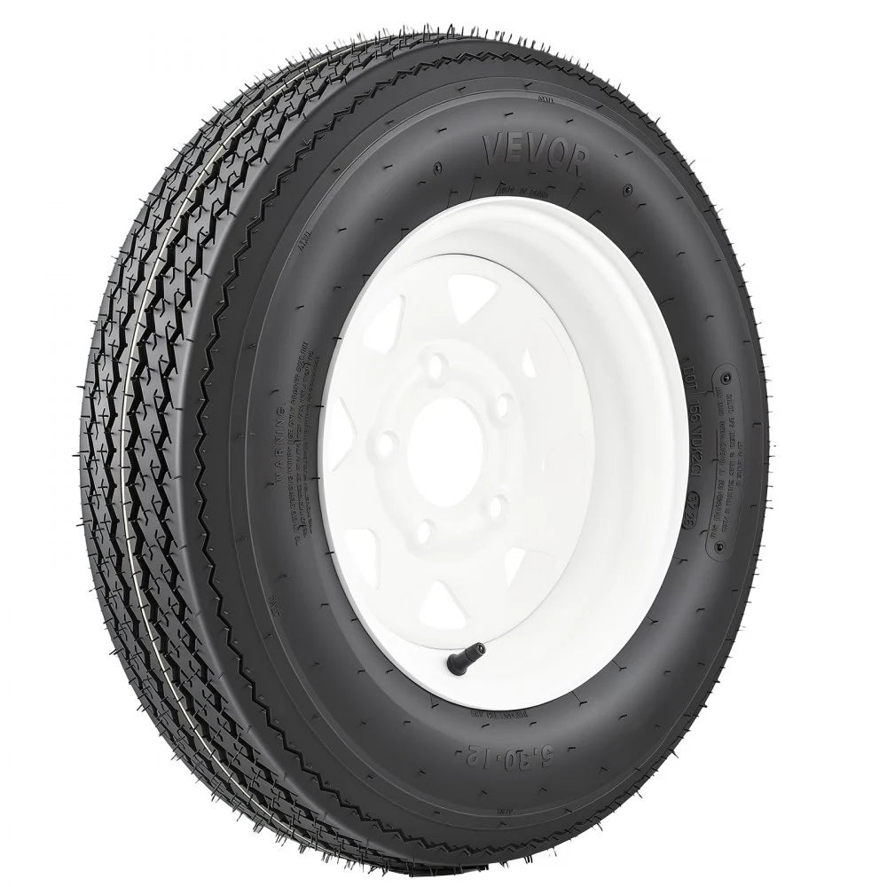 VEVOR 2-Pack Trailer Tire Rim Assembly 5.30-12 with 5 Lug on 4.5 in PCD, 6 Ply Load Range C Trailer Tire on 12" White Rims, 2.8 in Center Bore, Max Load 1050LBS 80PSI for Utility/Boat/Camper Trailers