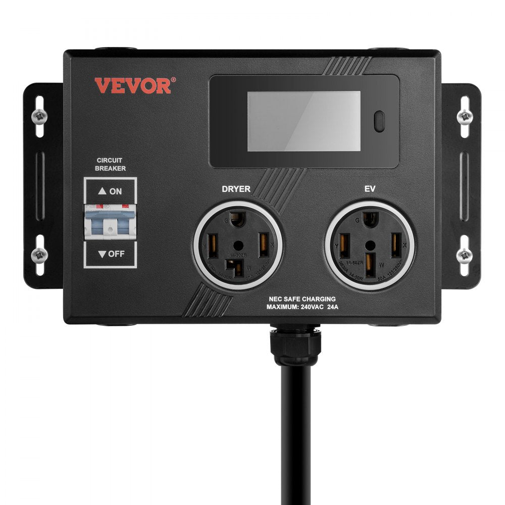 VEVOR NEMA Splitter for Dryer and EV, 3-Color LED Indicator, 240V Smart Power Distribution, With NEMA 14-30 Plug, NEMA 14-30 & NEMA 14-50 Outlets, Large 3.4-Inch LCD Screen, for Max 24A Dryer or EV