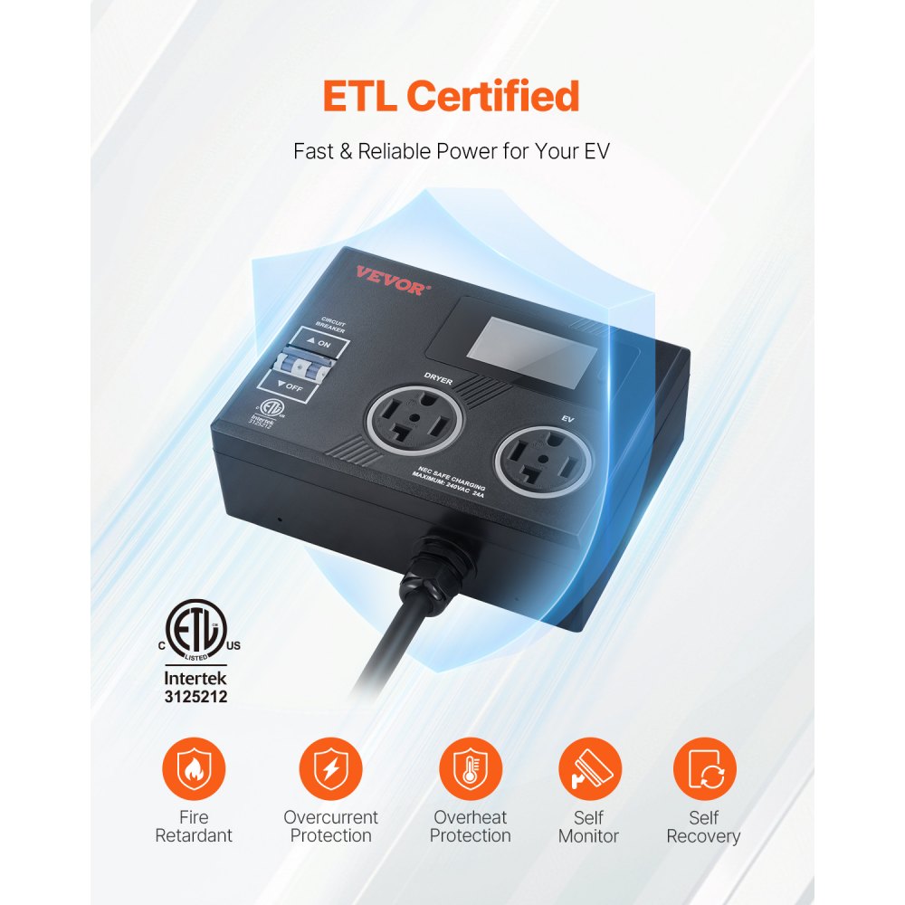 VEVOR NEMA Splitter for Dryer and EV, 3-Color LED Indicator, 240V Smart Power Distribution, With NEMA 14-30 Plug, Two NEMA 14-30 Outlets, 3.4 in LCD Screen, Max 24A Dryer EV, Tested to ETL Standard
