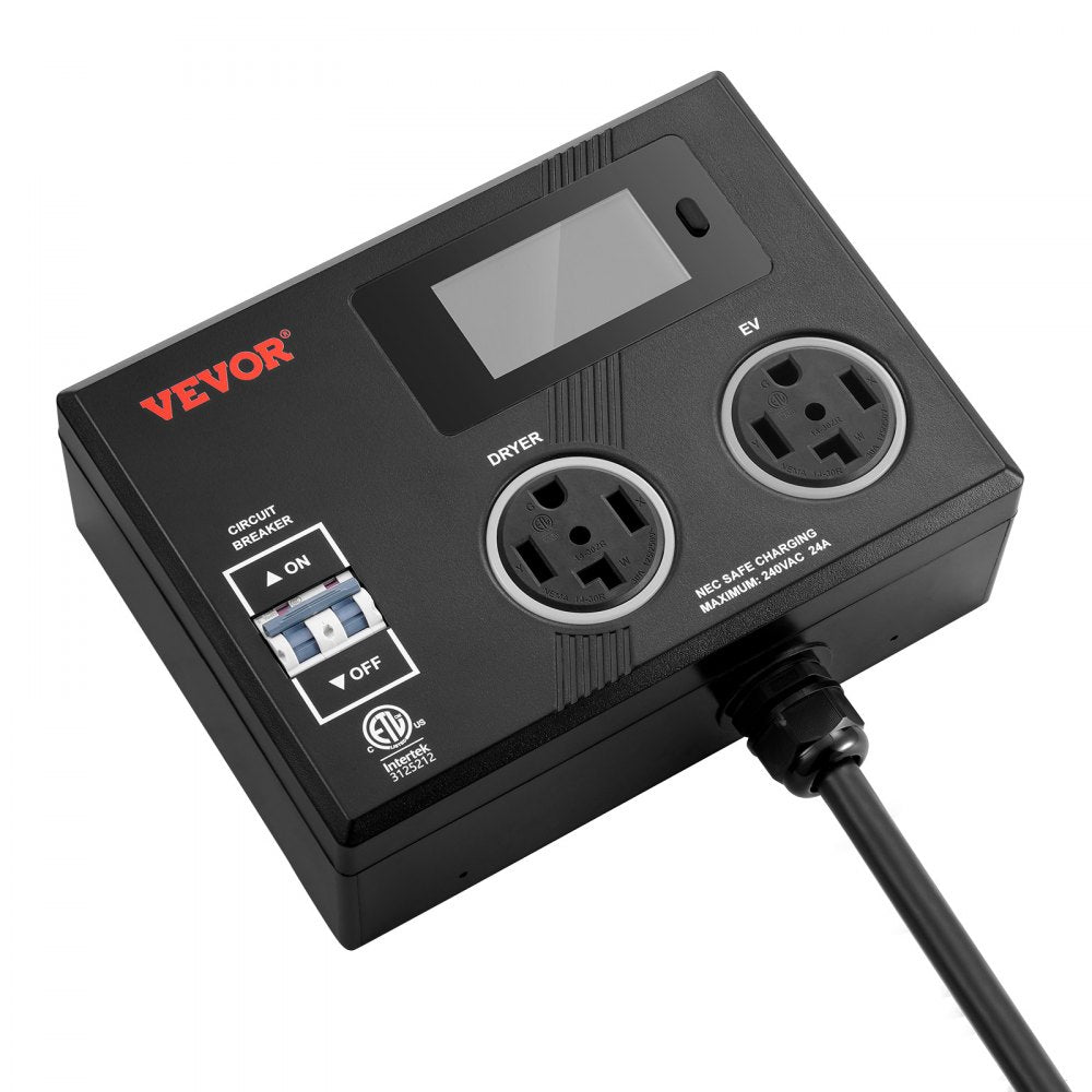 VEVOR NEMA Splitter for Dryer and EV, 3-Color LED Indicator, 240V Smart Power Distribution, With NEMA 14-30 Plug, Two NEMA 14-30 Outlets, 3.4 in LCD Screen, Max 24A Dryer EV, Tested to ETL Standard
