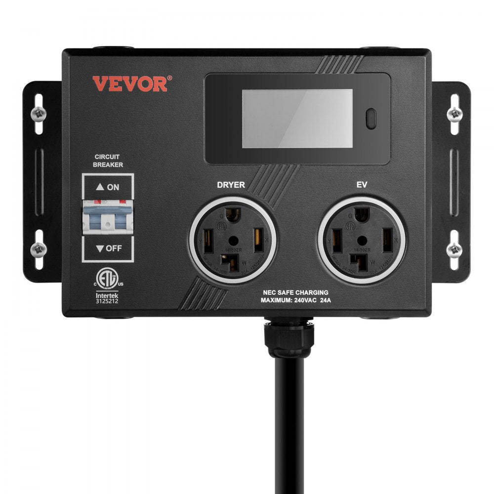 VEVOR NEMA Splitter for Dryer and EV, 3-Color LED Indicator, 240V Smart Power Distribution, With NEMA 14-30 Plug, Two NEMA 14-30 Outlets, 3.4 in LCD Screen, Max 24A Dryer EV, Tested to ETL Standard