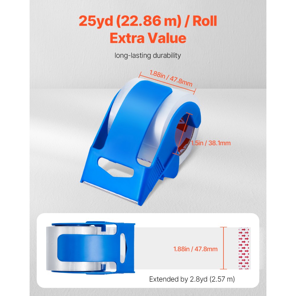 VEVOR Clear Packing Tape, 1.5 inches Core, 6 Rolls 1.88 Inches x 25 Yards Packing Tape with Dispenser, 2.7 Mil Heavy Duty Packaging Tape Designed for Moving, Storage and Packing, Shipping and Mailing