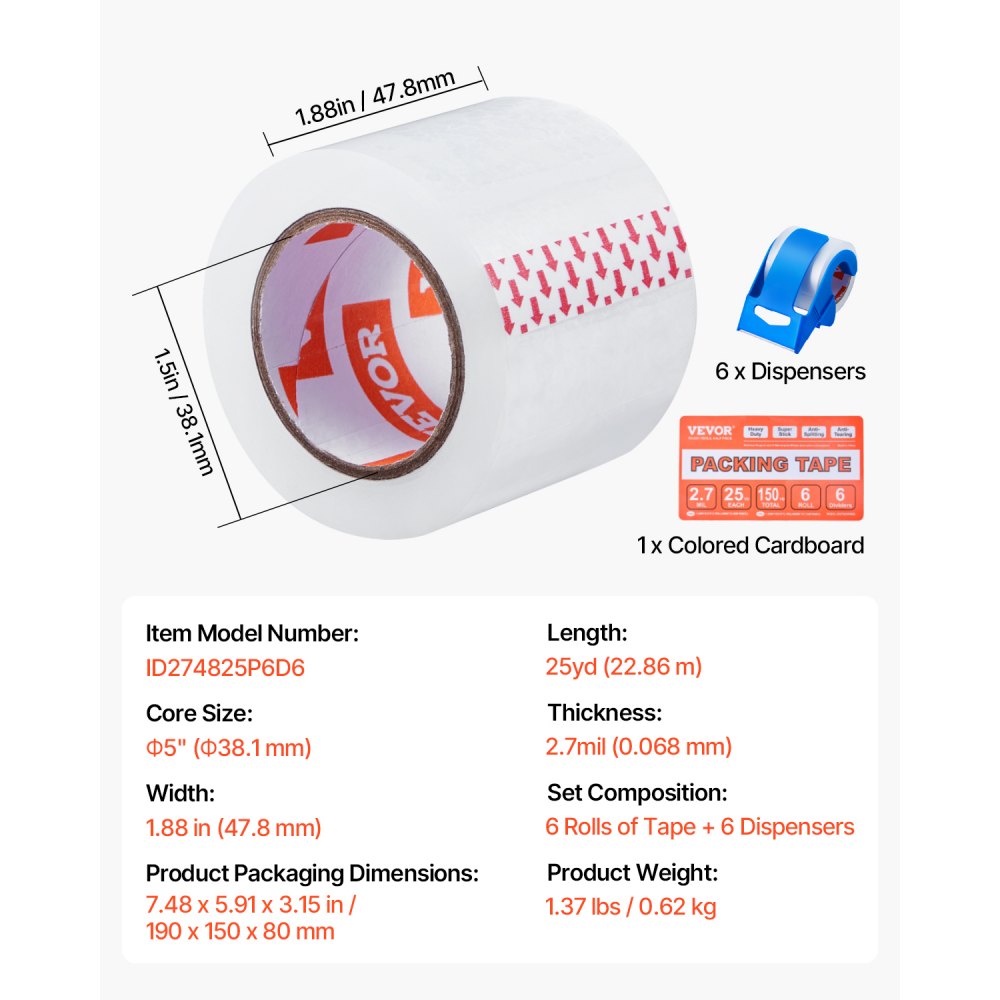 VEVOR Clear Packing Tape, 1.5 inches Core, 6 Rolls 1.88 Inches x 25 Yards Packing Tape with Dispenser, 2.7 Mil Heavy Duty Packaging Tape Designed for Moving, Storage and Packing, Shipping and Mailing
