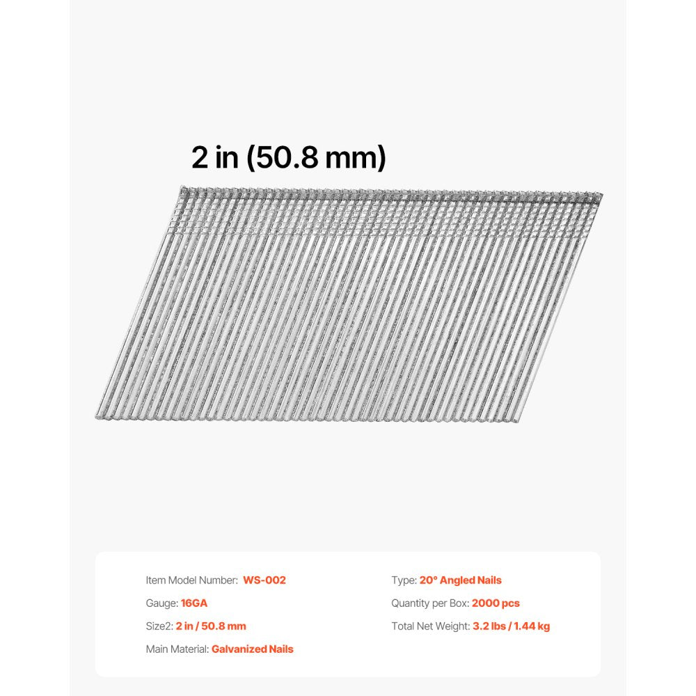 VEVOR 16 Gauge Finish Nails, 2 in Angled Finishing Nails, 2000-Count Galvanized Finishing Nail, 20-Degree Heavy-Duty Brad Nail with Galvanized Anti-Rust Process, for 16GA 20° Angled Finish Nailers