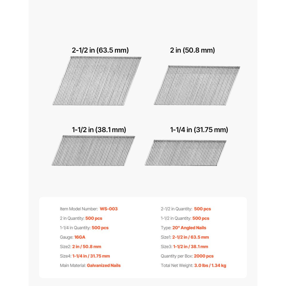VEVOR 16 Gauge Finish Nails, 20-Degree Angled Finishing Nails, 2000-Count (2-1/2 in, 2 in, 1-1/2 in, 1-1/4 in, 500 Per Size) Finishing Nail, Galvanized Brad Nail, for 16GA 20° Angled Finish Nailers