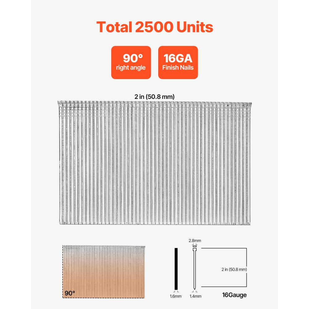 VEVOR 16 Gauge Finish Nails, 2 in Straight Finishing Nails, 2500-Count Galvanized Finishing Nail, Heavy-Duty 16 GA Brad Nail with Galvanized Anti-Rust Process, for Most 16GA Straight Finish Nailers