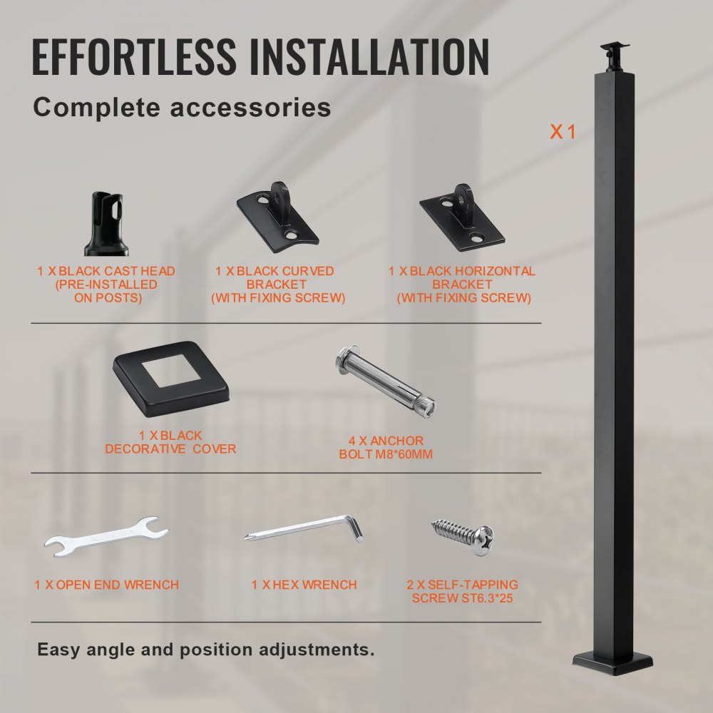 VEVOR Cable Support Post, 36" Height, 2" Width, Steel Construction, No Pre-drilled Holes, Made of Durable SUS304 Stainless Steel, Includes Horizontal and Curved Brackets for Deck and Stair Handrail