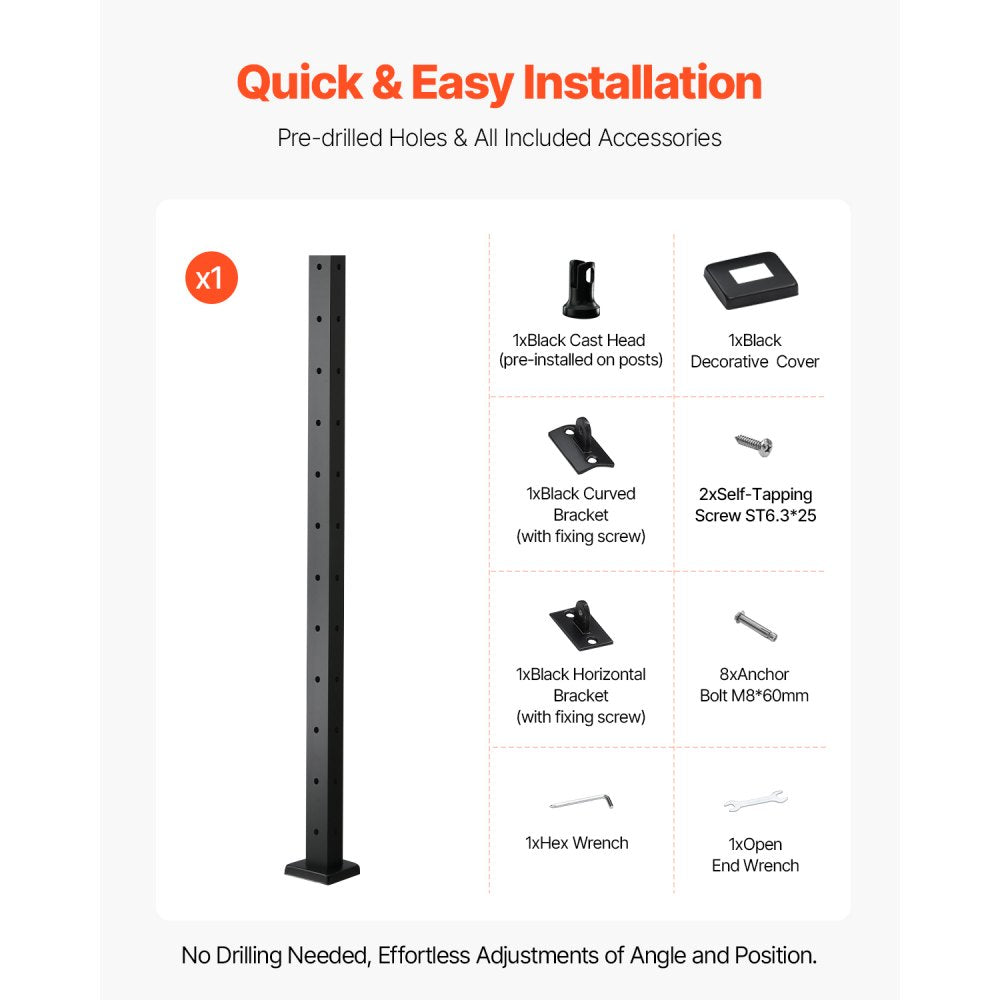 VEVOR Cable Railing Post, 42x1x2 Inch Corner Railing Post, with L-Shaped Pre-Drilled Holes, Stainless Steel Cable Rail Post with Horizontal and Curved Bracket, 1-Pack, Black, 1JZLGZXHS10607YXO001V0