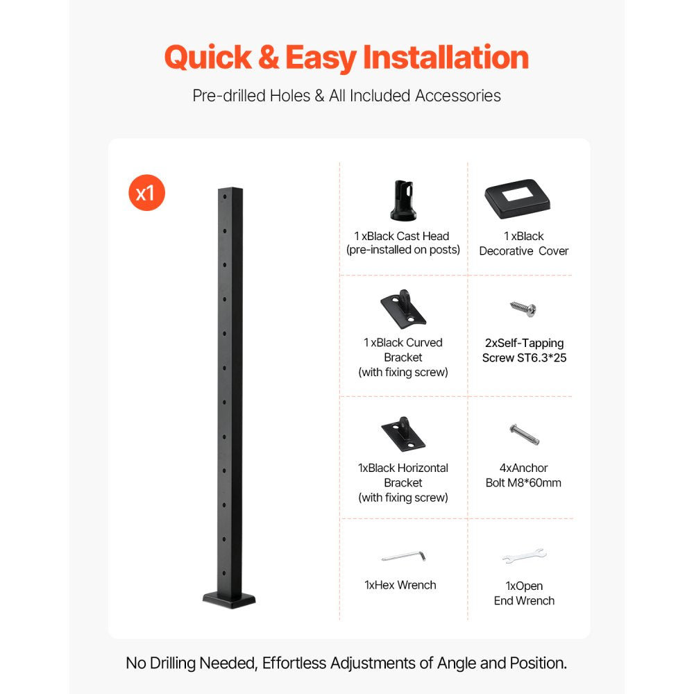 VEVOR Cable Railing Post, 42x1x2 Inch Level Deck Stair Posts, 1-Pack Stainless Steel Cable Handrail Post, Pre-Drilled Pickets with Mounting Bracket Stair Railing Kit, Black, 1JZLGZXHS1063GGTD001V0