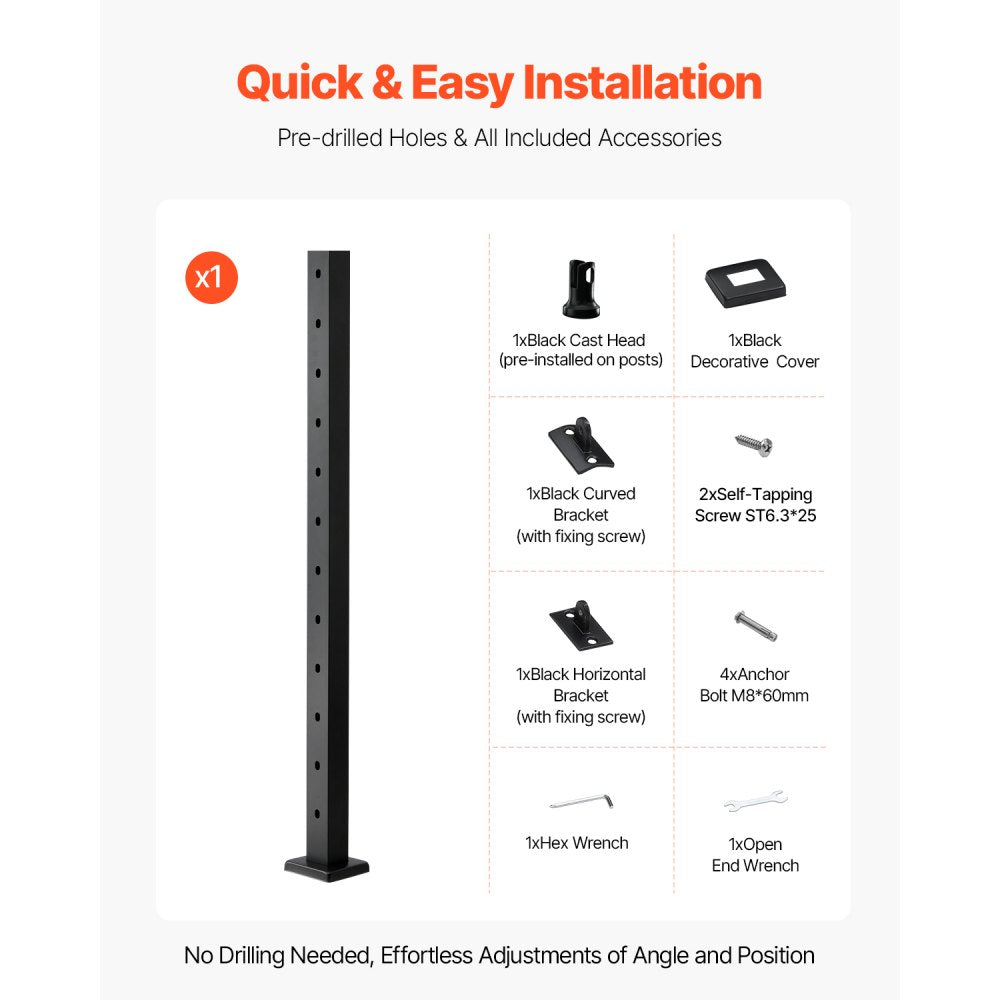 VEVOR Cable Railing Post, 42x2x2 Inch Stair Railing Post, with Pre-Drilled 30° Angled Holes, Stainless Steel Cable Rail Post with Horizontal and Curved Bracket, 1-Pack, Black, 1JZLGZXHS106W3XAA001V0