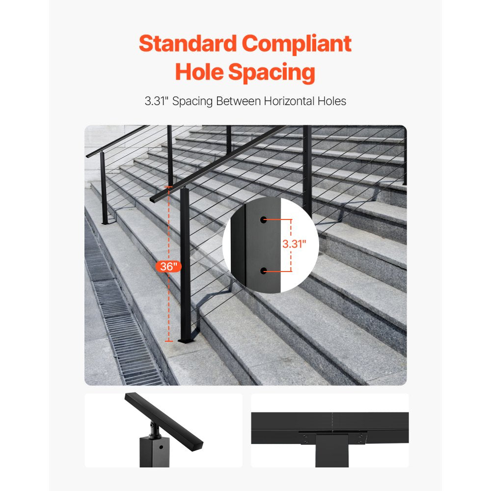 VEVOR Cable Railing Post, 36x1x2 Inch Stair Railing Post, with Pre-Drilled 30° Angled Holes, Stainless Steel Cable Rail Post with Horizontal and Curved Bracket, 1-Pack, Black, 1JZLGZXHS91402OS1001V0