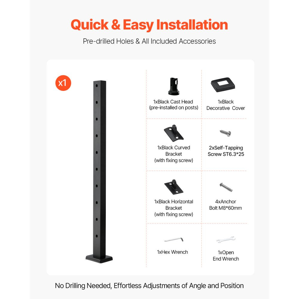 VEVOR Cable Railing Post, 36x1x2 Inch Stair Railing Post, with Pre-Drilled 30° Angled Holes, Stainless Steel Cable Rail Post with Horizontal and Curved Bracket, 1-Pack, Black, 1JZLGZXHS91402OS1001V0