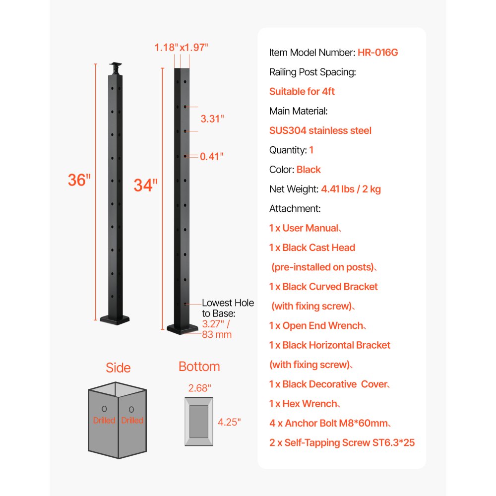 VEVOR Cable Railing Post, 36x1x2 Inch Corner Railing Post, with L-Shaped Pre-Drilled Holes, Stainless Steel Cable Rail Post with Horizontal and Curved Bracket, 1-Pack, Black, 1JZLGZXHS914IVCFL001V0