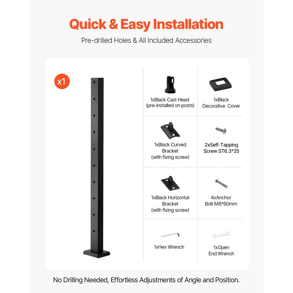 VEVOR Cable Railing Post, 36x1x2 Inch Level Deck Stair Posts, 1-Pack Stainless Steel Cable Handrail Post, Pre-Drilled Pickets with Mounting Bracket Stair Railing Kit, Black, 1JZLGZXHS914LZA6X001V0