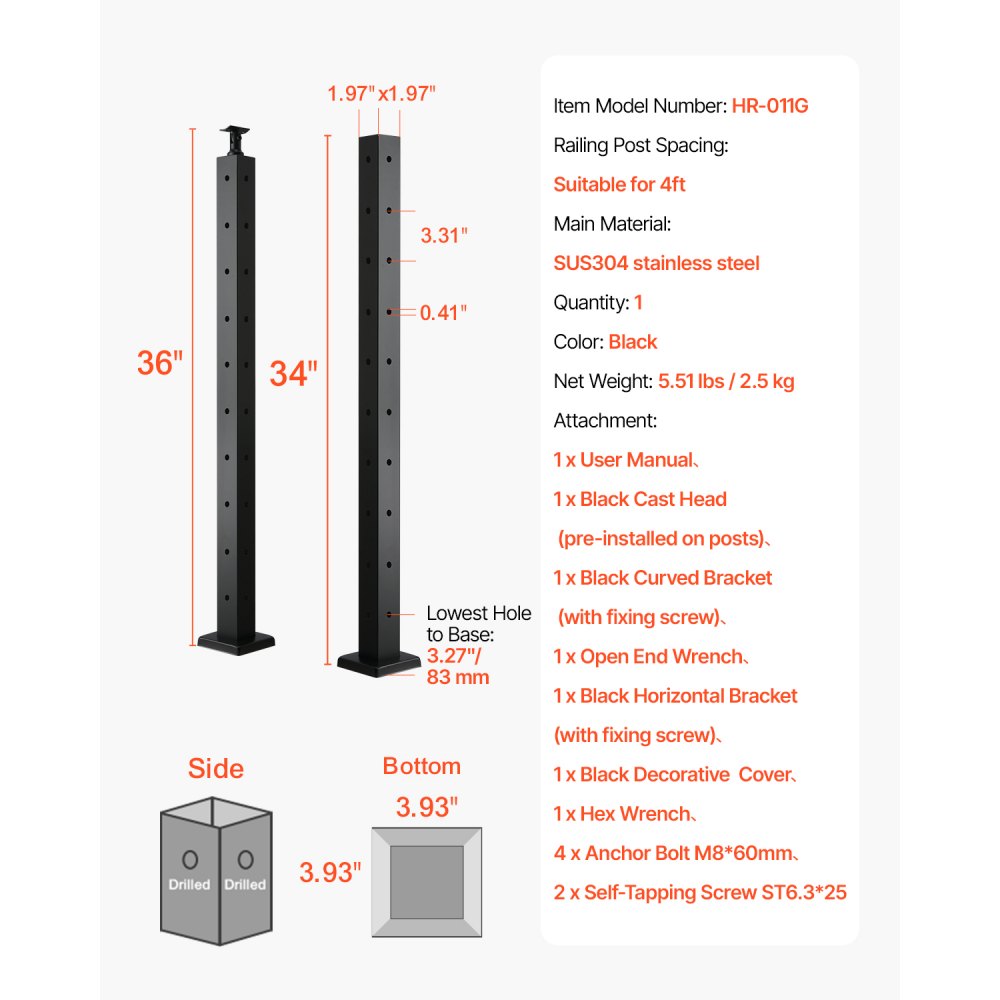VEVOR Cable Railing Post, 36x2x2 Inch Corner Railing Post, with L-Shaped Pre-Drilled Holes, Stainless Steel Cable Rail Post with Horizontal and Curved Bracket, 1-Pack, Black, 1JZLGZXHS914ZPBNY001V0