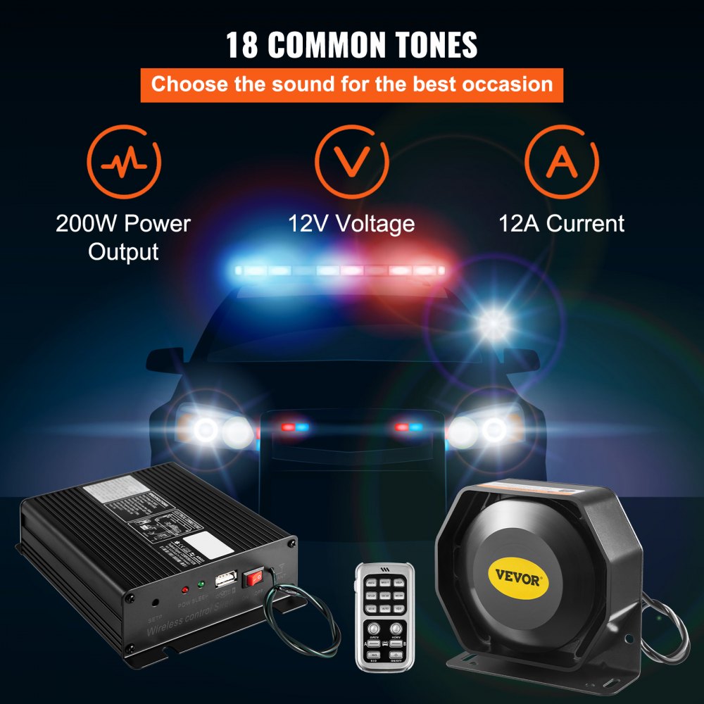 VEVOR Police Siren PA System with Compact Speaker, 12V 200W 18 Tone, Horn Wireless Handheld Microphone Warning Emergency Siren for Vehicles Truck UTV ATV Car