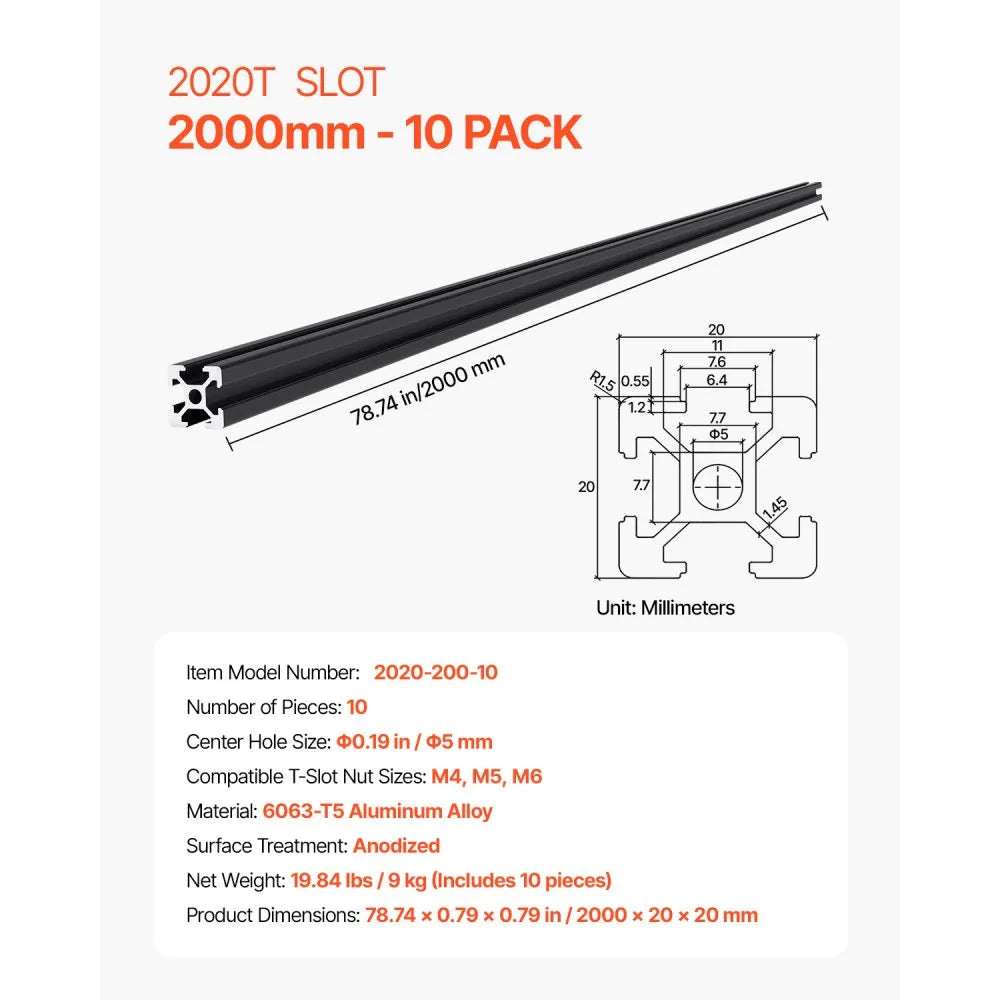 VEVOR 10PCS 78.7in (2000mm) T Slot 2020 Aluminum Extrusion Profile, European Standard Anodized Linear Rail, High-Strength Extruded Aluminum Rail for 3D Printer, CNC Machine DIY, Laser Engraving, Black