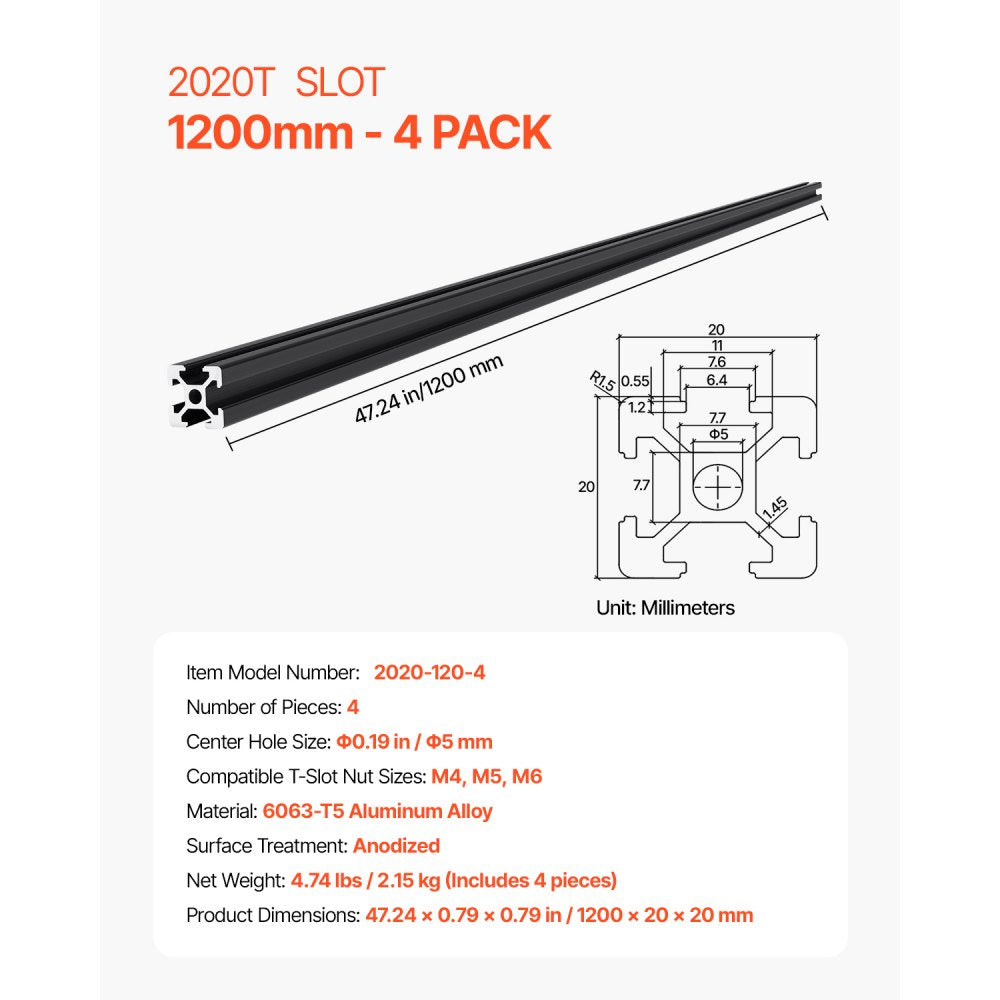 VEVOR 4PCS 47.2 in (1200mm) T Slot 2020 Aluminum Extrusion Profile, European Standard Anodized Linear Rail, High-Strength Extruded Aluminum Rail for 3D Printer, CNC Machine DIY, Laser Engraving, Black